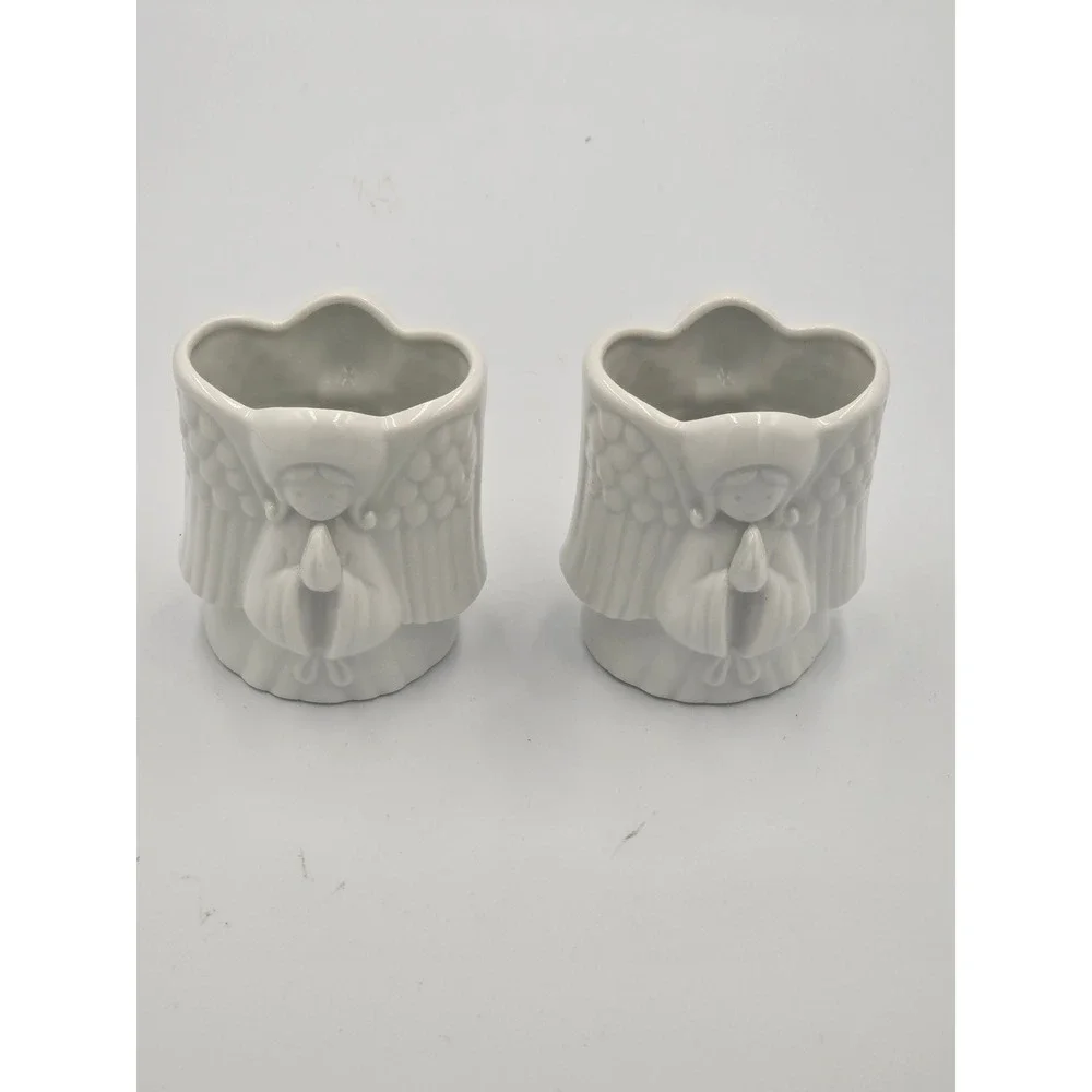 Vintage Neiman Marcus White Porcelain Praying Angel Vases Candle Holders Pair